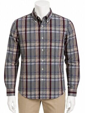 Roundtree & Yorke Men's Button Gray Burgundy Plaid Button-Down Shirt - Large